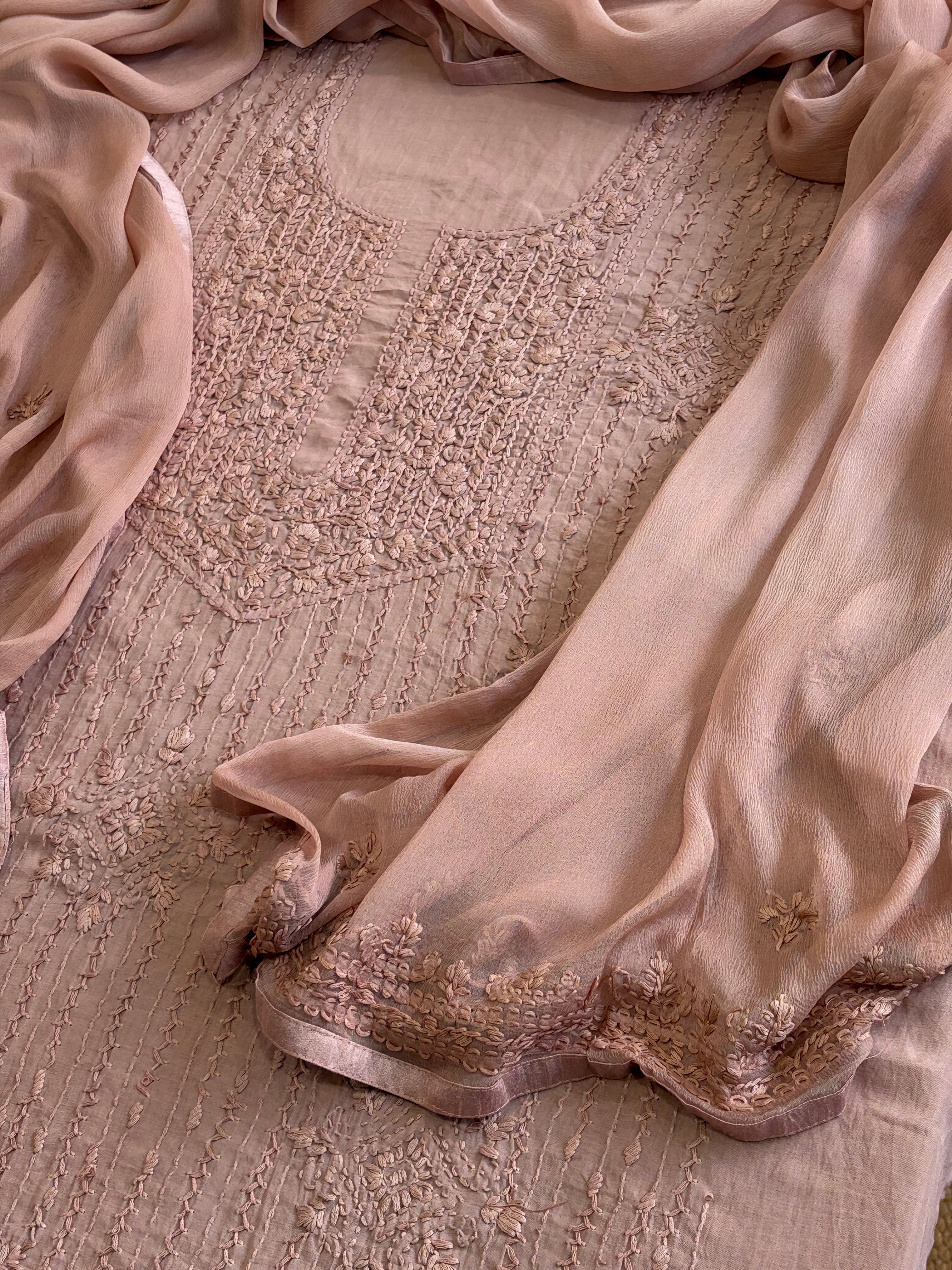 Antique Rose Suit Set with Lucknowi Handwork in Pure Mul Cotton - Masakalee