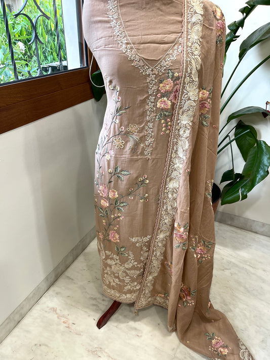 Antique Rose Suit Set with Parsi Gara Embroidery in Mul Chanderi - Masakalee