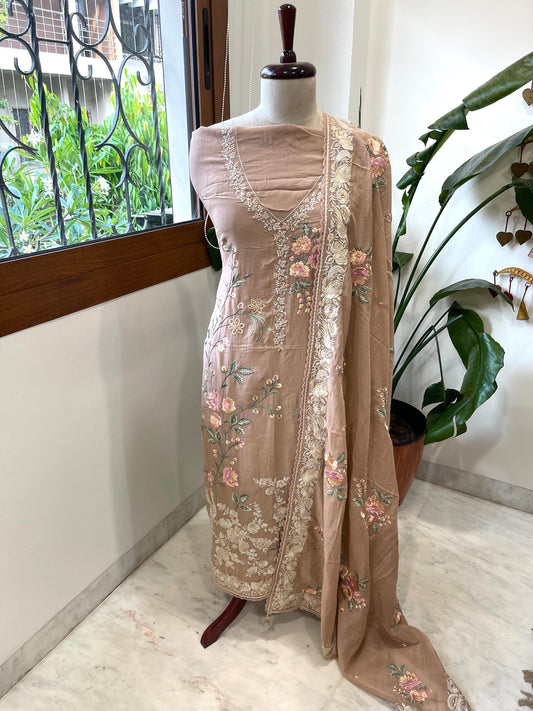 Antique Rose Suit Set with Parsi Gara Embroidery in Mul Chanderi - Masakalee