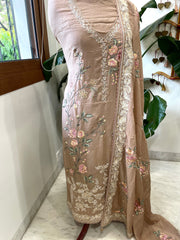 Antique Rose Suit Set with Parsi Gara Embroidery in Mul Chanderi - Masakalee