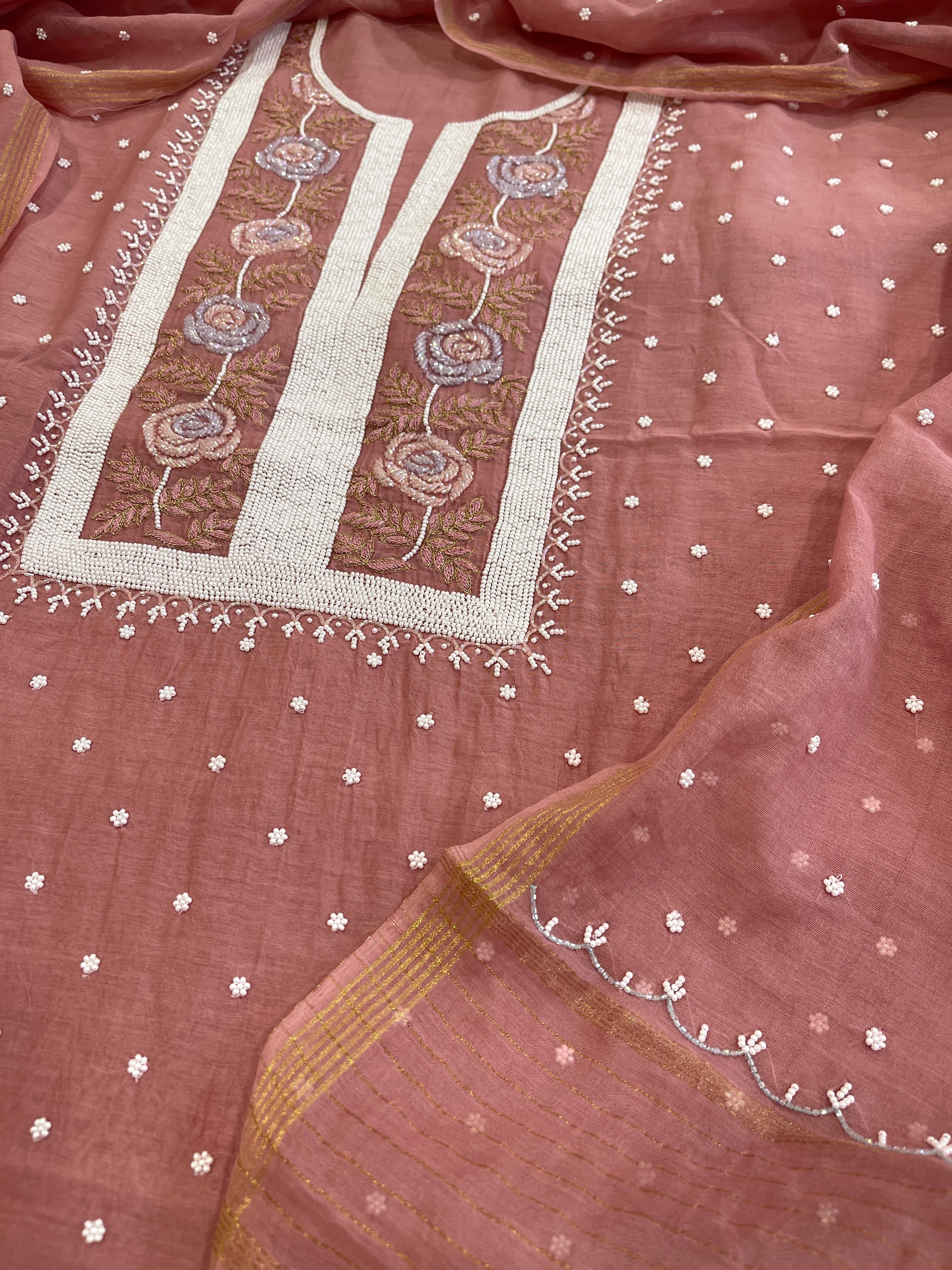 Antique Rose Suit Set with Pearl, Cut Daana and Thread Handwork in Pure Mul Chanderi - Masakalee