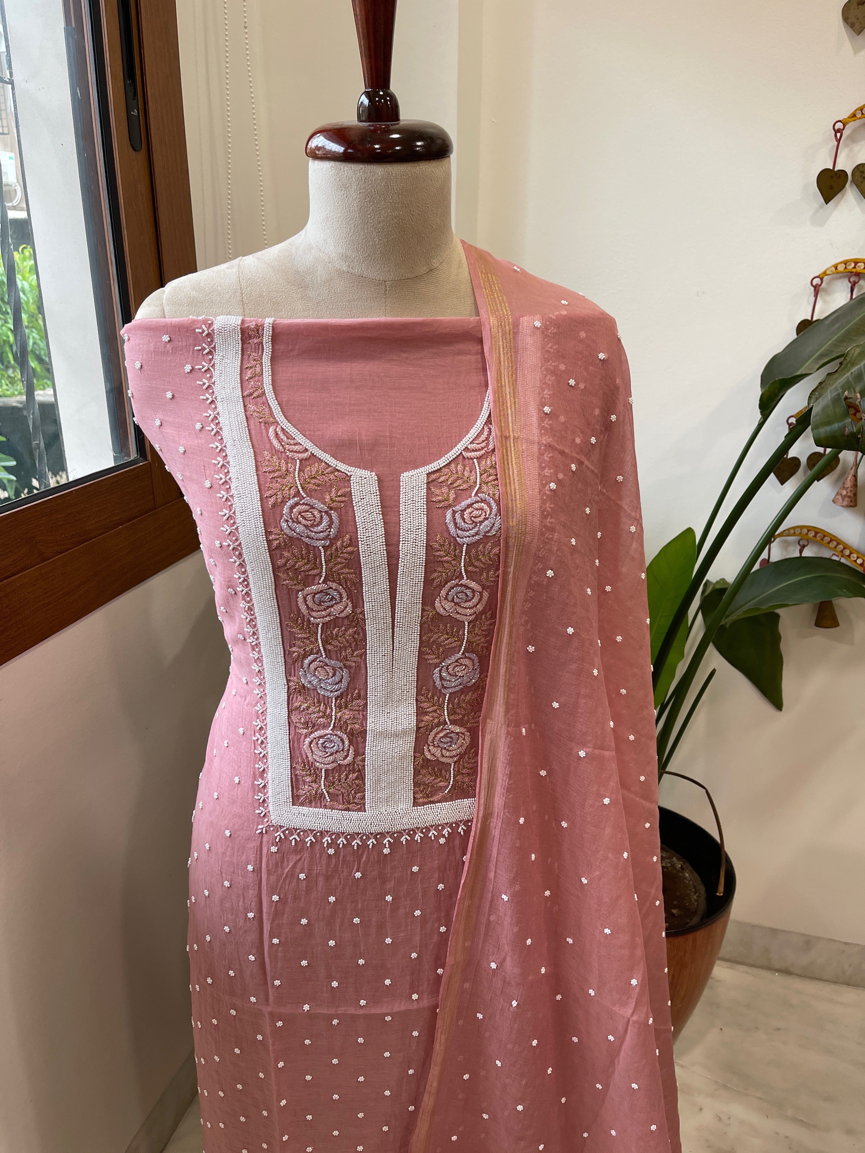 Antique Rose Suit Set with Pearl, Cut Daana and Thread Handwork in Pure Mul Chanderi - Masakalee