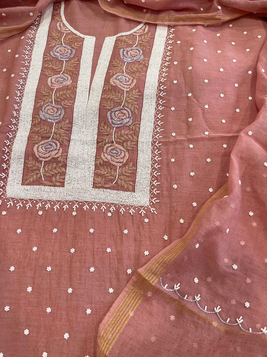 Antique Rose Suit Set with Pearl, Cut Daana and Thread Handwork in Pure Mul Chanderi - Masakalee