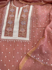 Antique Rose Suit Set with Pearl, Cut Daana and Thread Handwork in Pure Mul Chanderi - Masakalee