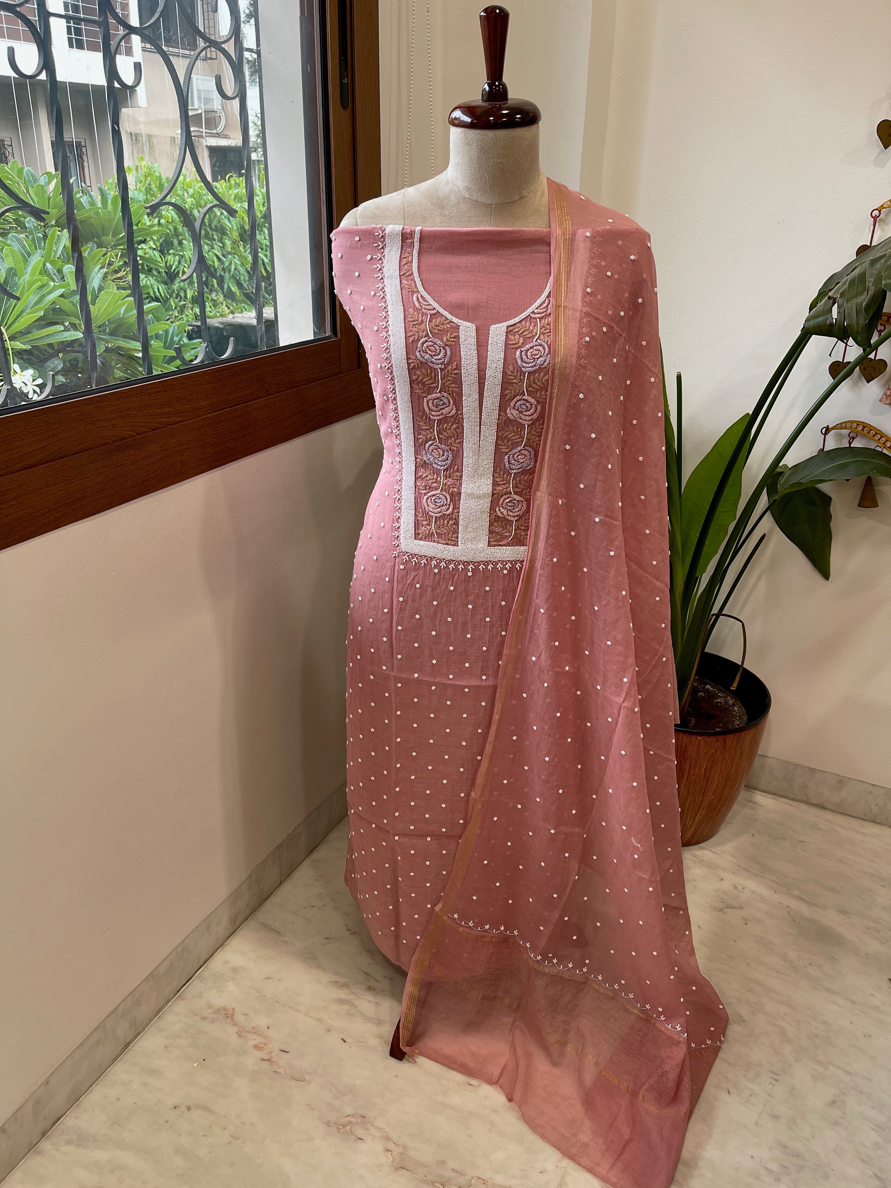 Antique Rose Suit Set with Pearl, Cut Daana and Thread Handwork in Pure Mul Chanderi - Masakalee