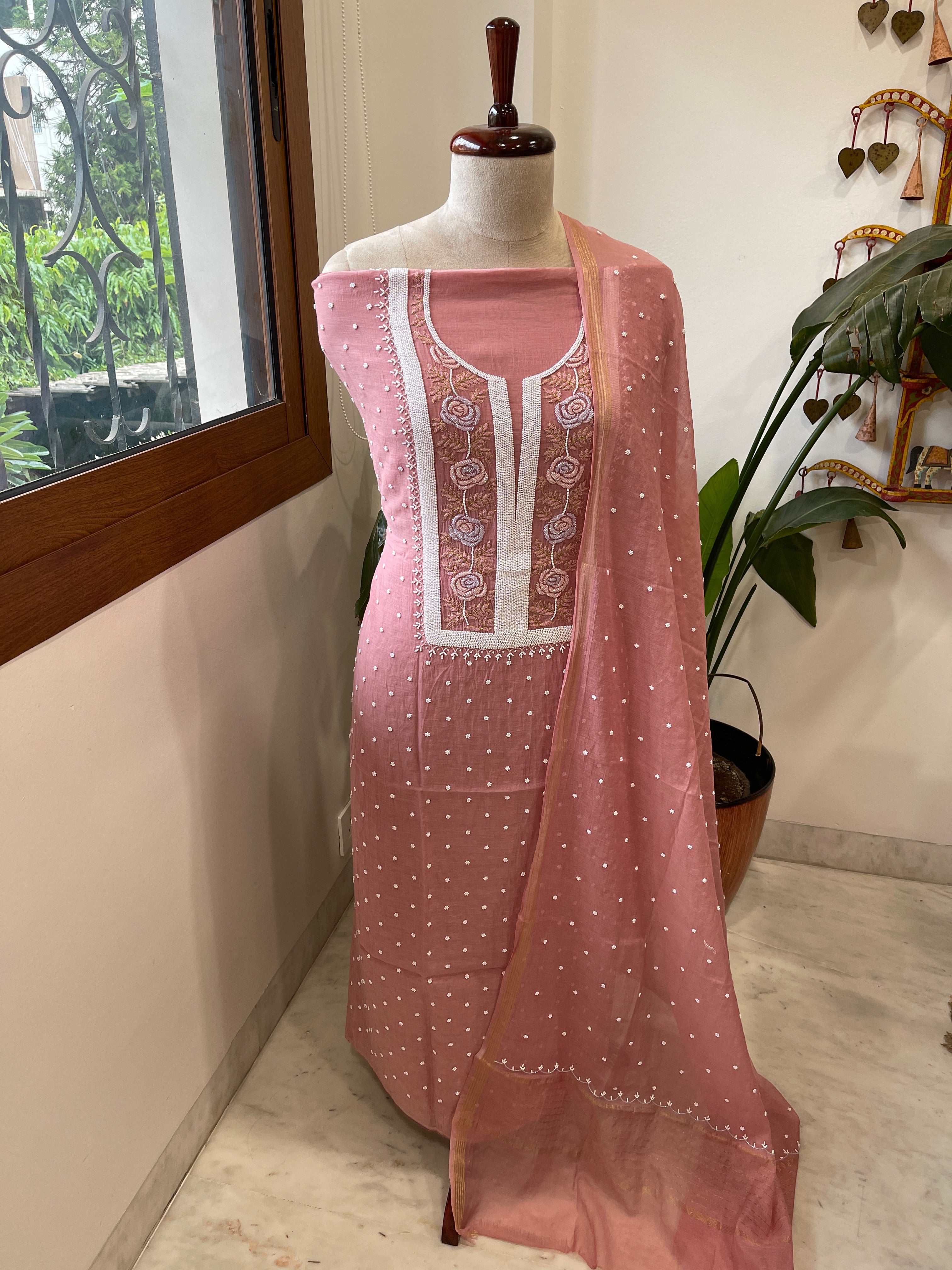 Antique Rose Suit Set with Pearl, Cut Daana and Thread Handwork in Pure Mul Chanderi - Masakalee