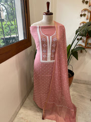Antique Rose Suit Set with Pearl, Cut Daana and Thread Handwork in Pure Mul Chanderi - Masakalee