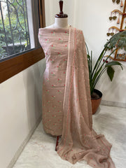 Antique Rose Suit Set with Thread Embroidery in Pure Mul - Masakalee
