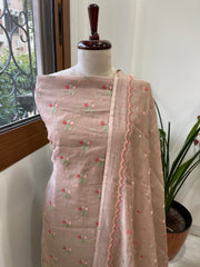 Antique Rose Suit Set with Thread Embroidery in Pure Mul - Masakalee