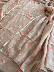 Antique Rose Suit Set with Thread Embroidery in Pure Mul - Masakalee