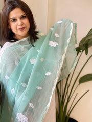 Aqua Blue Applique handwork Dupatta in Kota Cotton - Masakalee