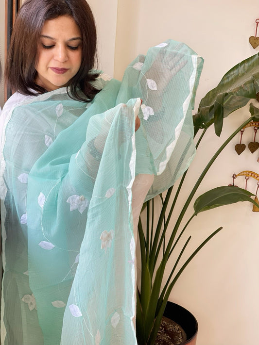 Aqua Blue Applique handwork Dupatta in Kota Cotton - Masakalee