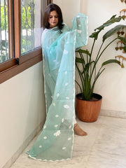 Aqua Blue Applique handwork Dupatta in Kota Cotton - Masakalee