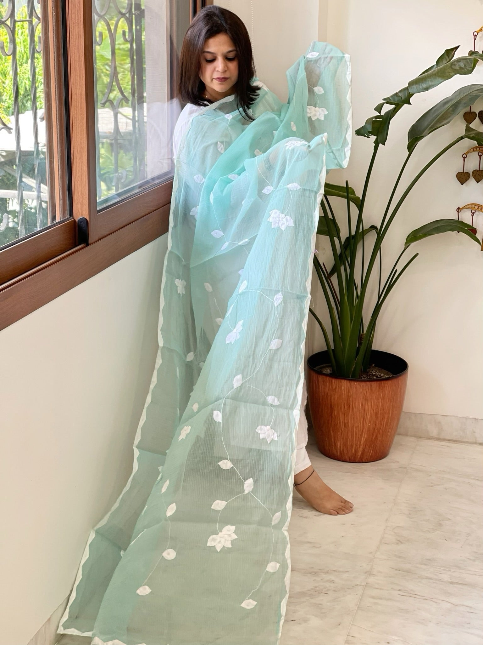 Aqua Blue Applique handwork Dupatta in Kota Cotton - Masakalee