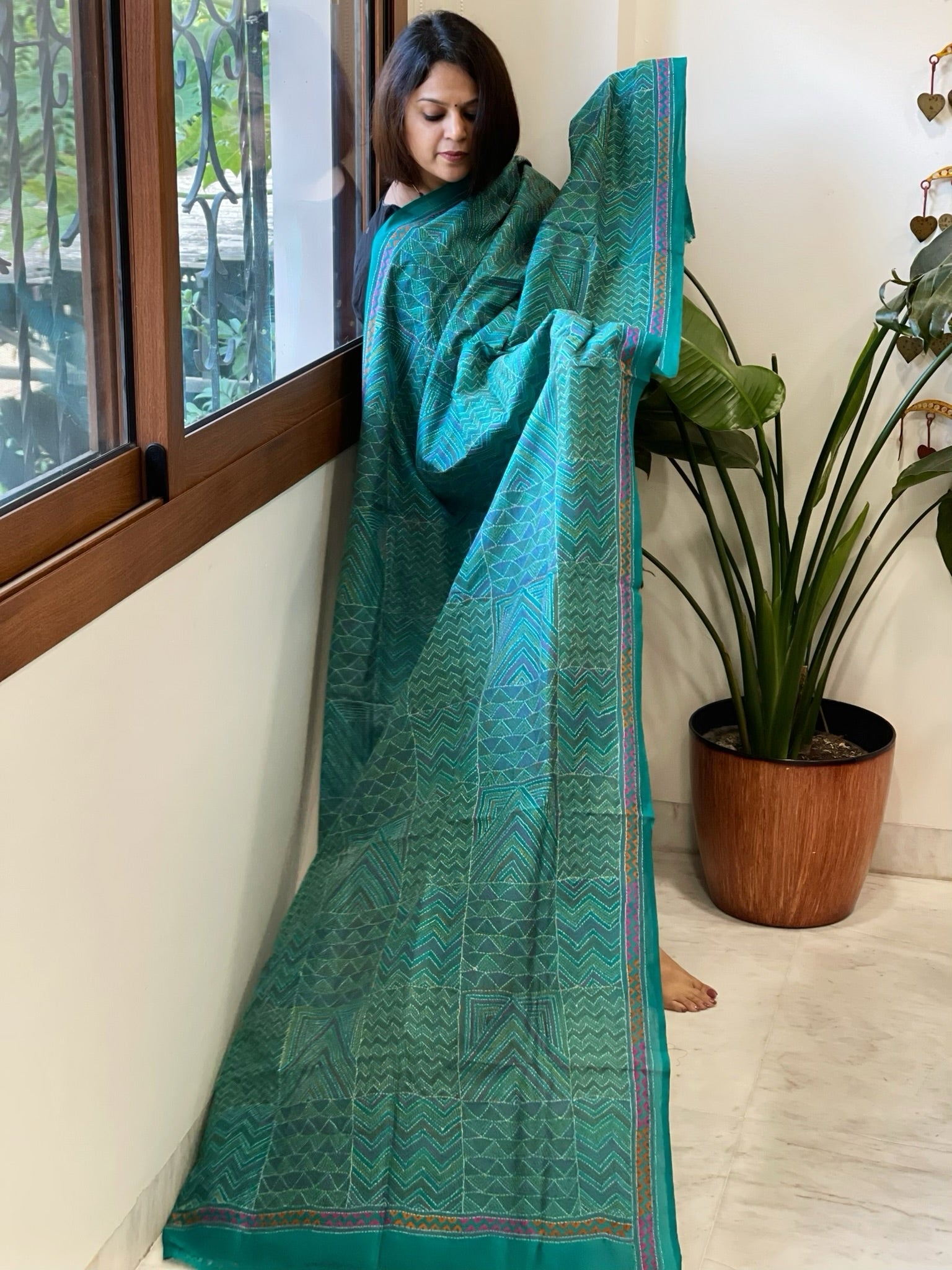 Aqua Blue Handmade Kantha Dupatta in Silk - Masakalee