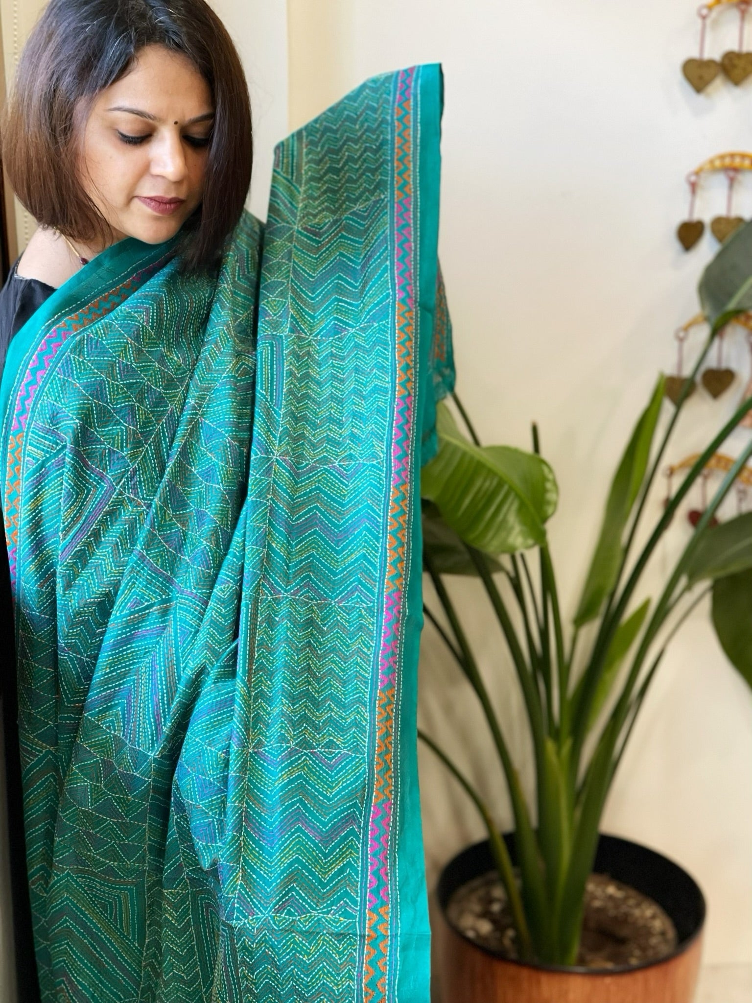 Aqua Blue Handmade Kantha Dupatta in Silk - Masakalee