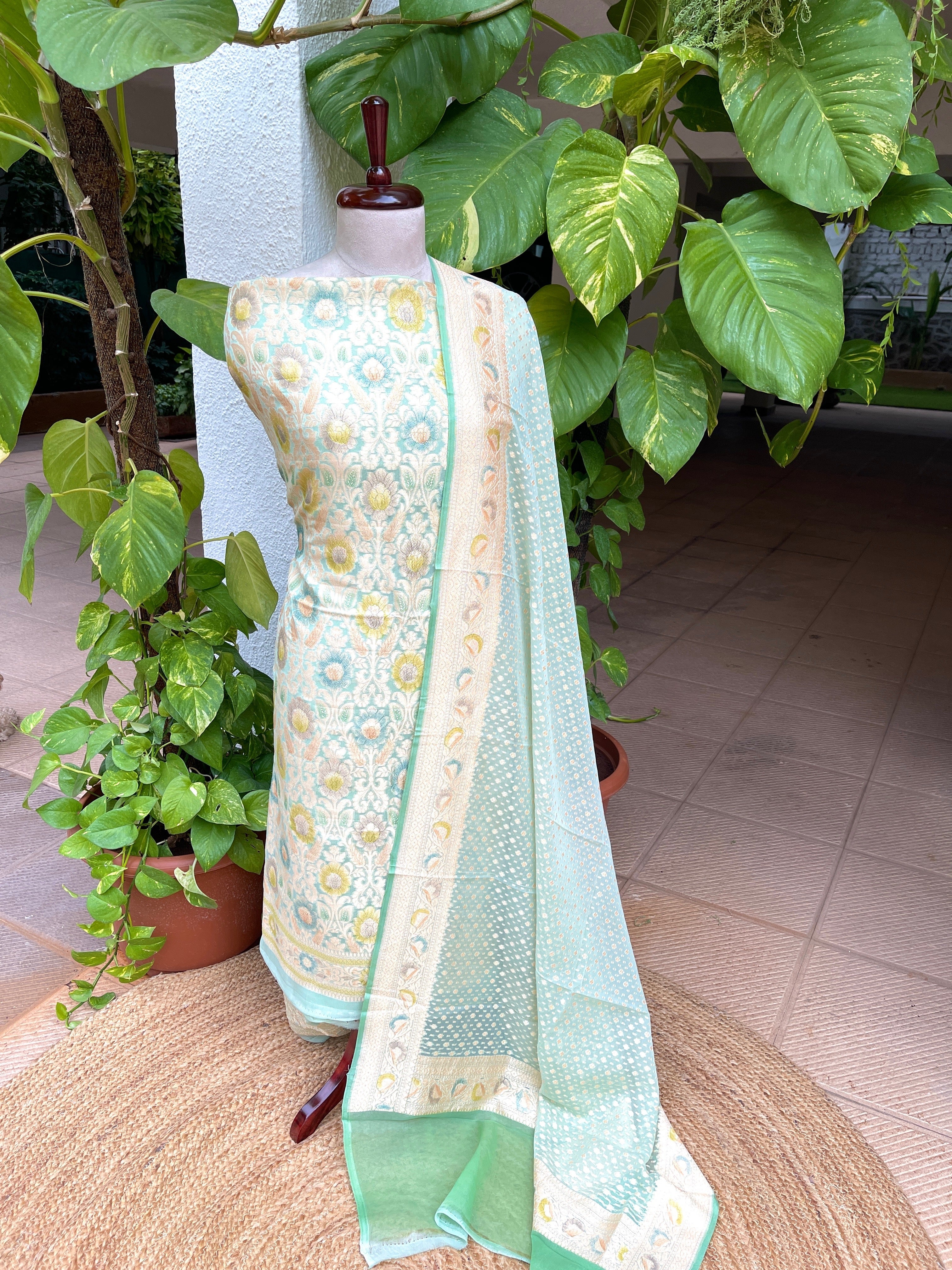 Aqua Blue Handwoven Khaddi 3 - Piece Suit Set in Pure Georgette - Masakalee