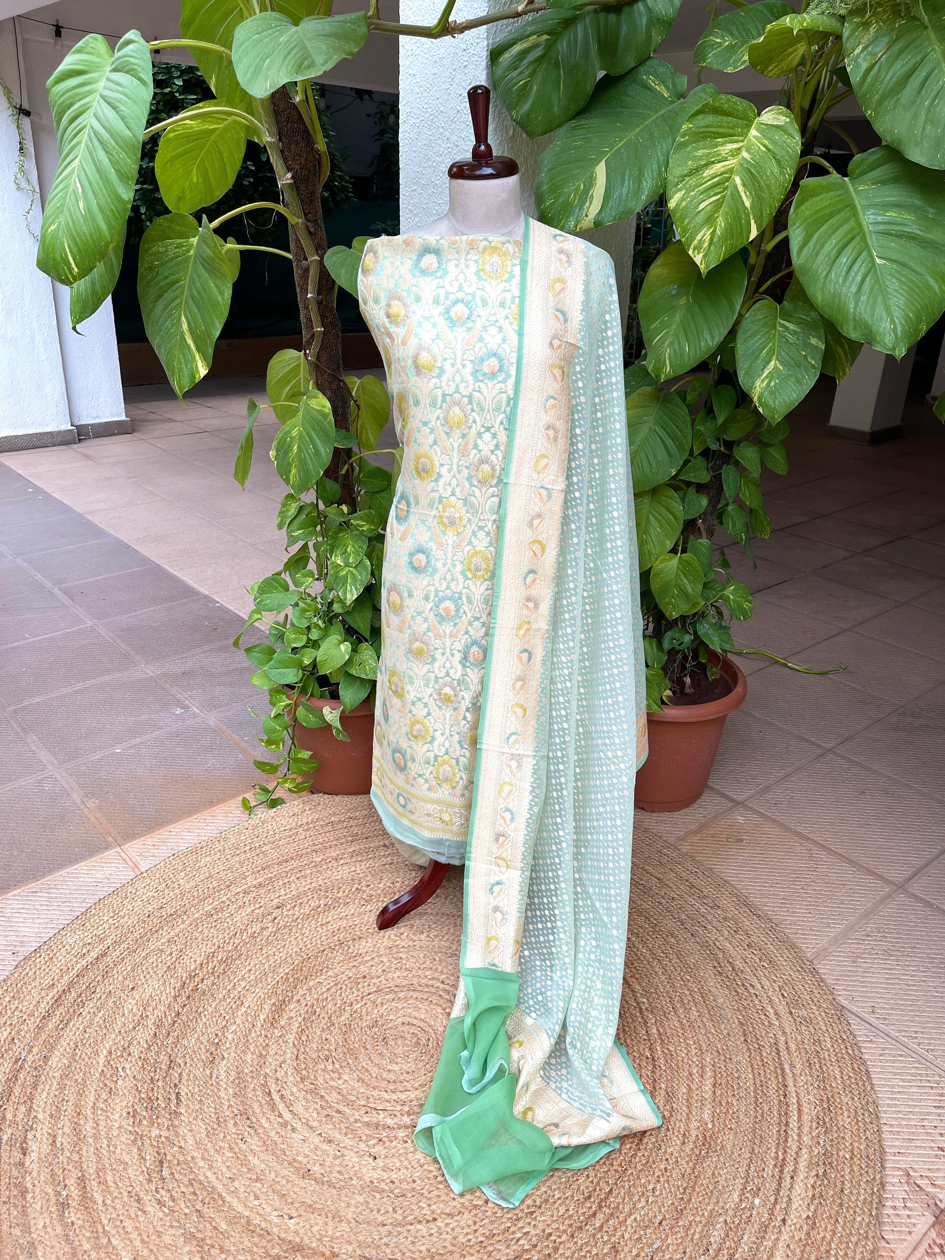 Aqua Blue Handwoven Khaddi 3 - Piece Suit Set in Pure Georgette - Masakalee
