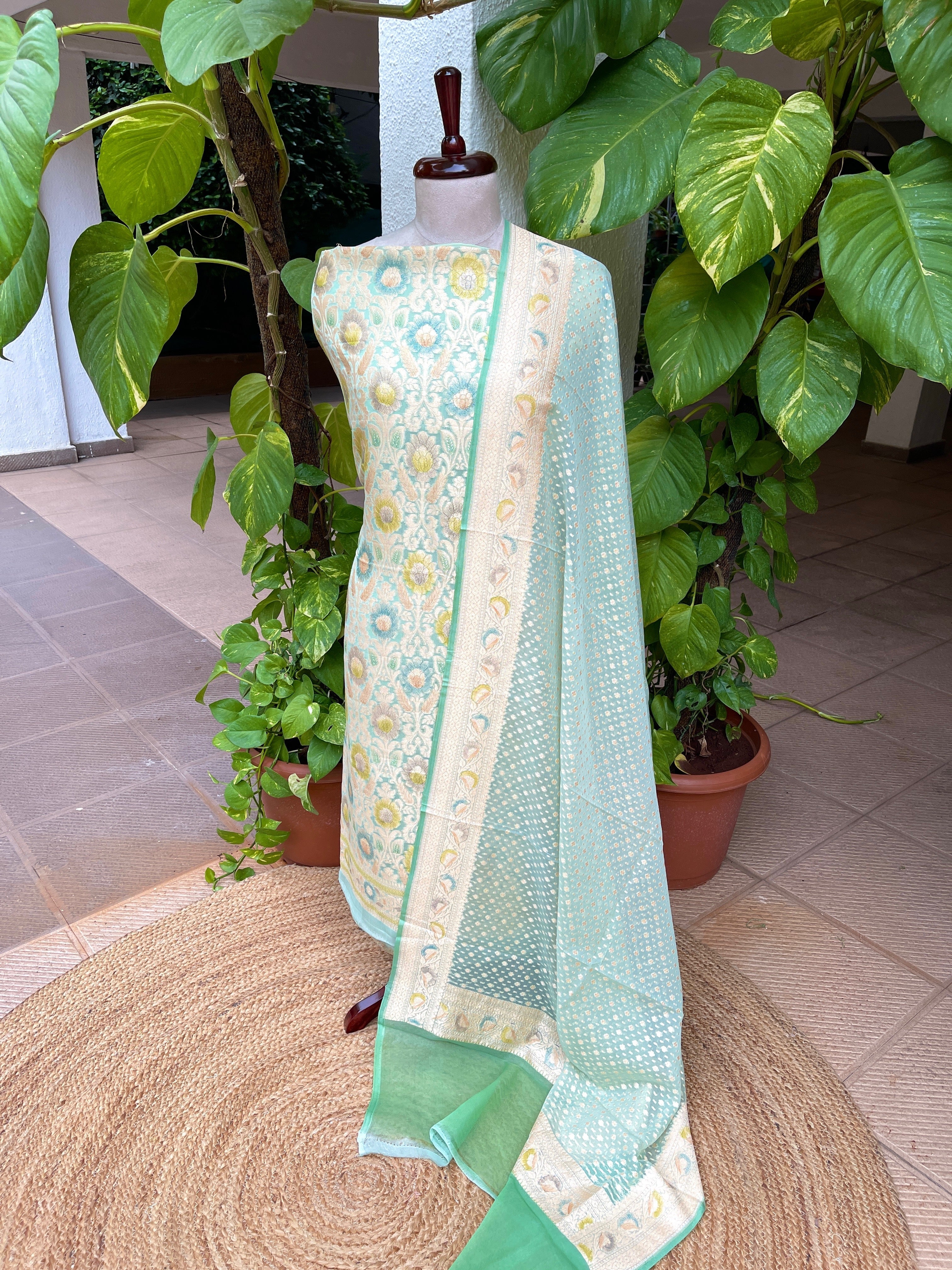 Aqua Blue Handwoven Khaddi 3 - Piece Suit Set in Pure Georgette - Masakalee