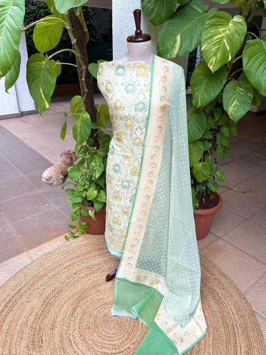 Aqua Blue Handwoven Khaddi 3 - Piece Suit Set in Pure Georgette - Masakalee