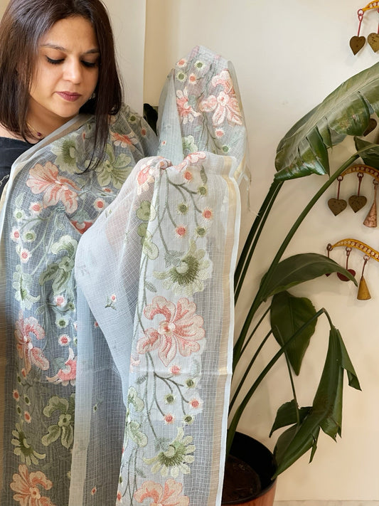 Aqua Blue Kota Cotton Dupatta with Thread Embroidery - Masakalee