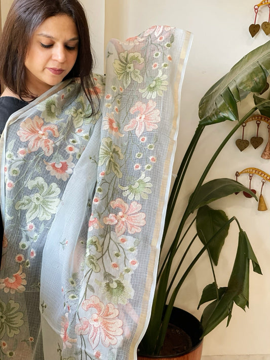 Aqua Blue Kota Cotton Dupatta with Thread Embroidery - Masakalee