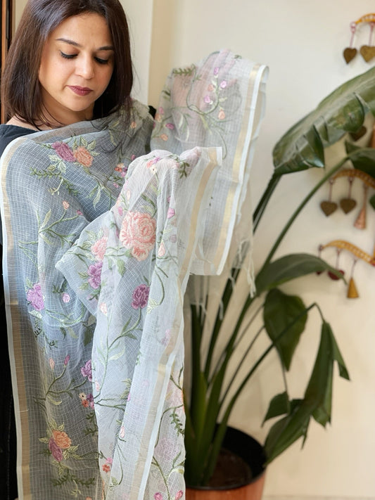 Aqua Blue Kota Cotton Dupatta with Thread Embroidery - Masakalee