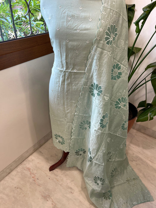 Aqua Blue Mul Chanderi Suit Set with Cut Work - Masakalee
