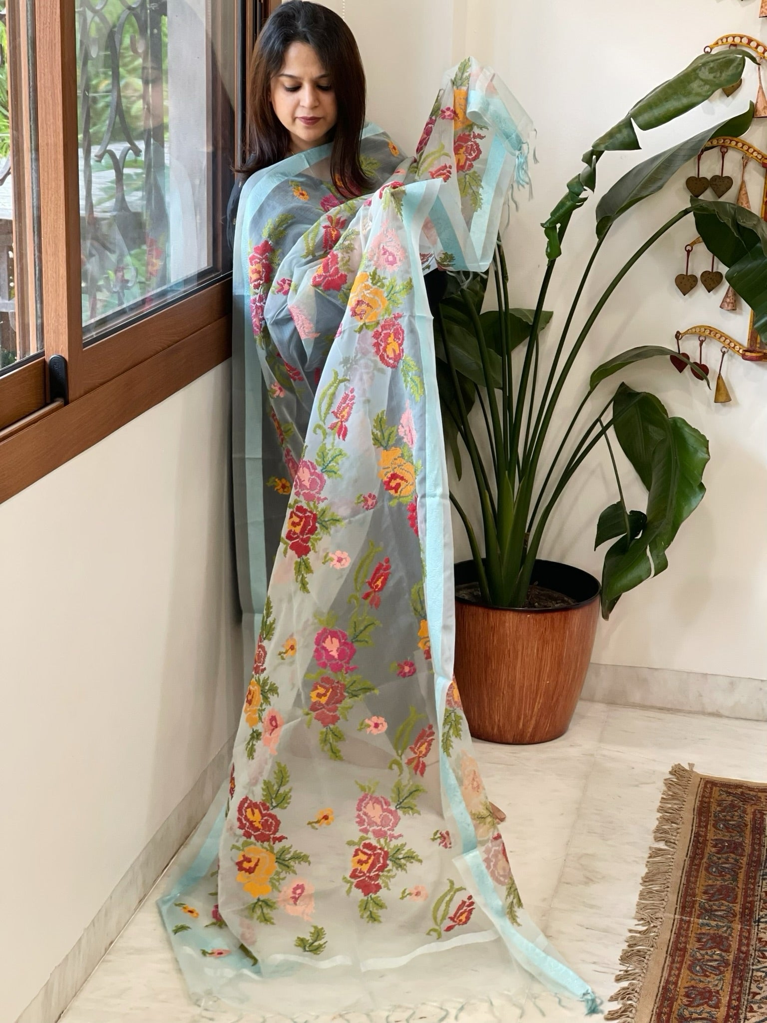 Aqua Blue Organza Dupatta with cross - stitch embroidery - Masakalee