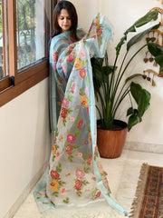 Aqua Blue Organza Dupatta with cross - stitch embroidery - Masakalee
