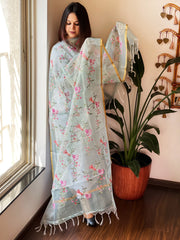 Aqua Blue Organza Dupatta with cross - stitch embroidery - Masakalee