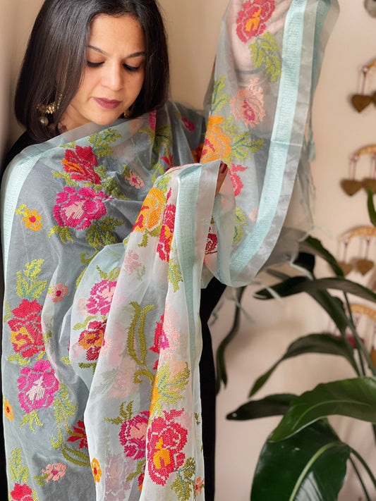 Aqua Blue Organza Dupatta with cross - stitch embroidery - Masakalee