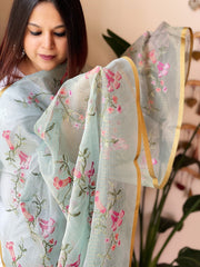 Aqua Blue Organza Dupatta with cross - stitch embroidery - Masakalee