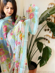 Aqua Blue Organza Dupatta with cross - stitch embroidery - Masakalee