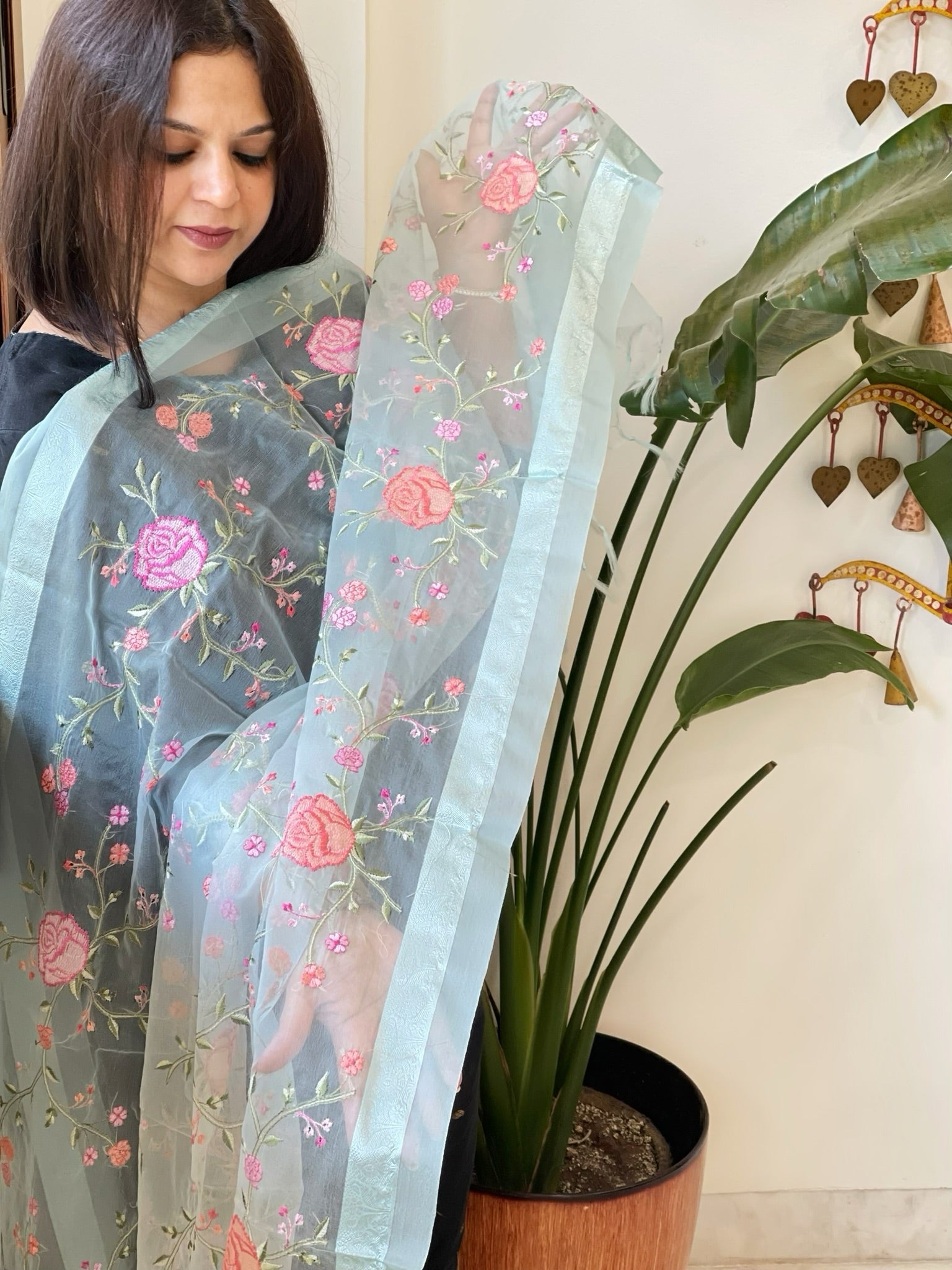 Aqua Blue Organza Dupatta with Thread Embroidery - Masakalee