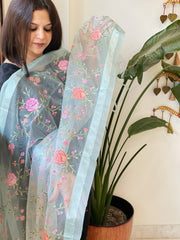 Aqua Blue Organza Dupatta with Thread Embroidery - Masakalee