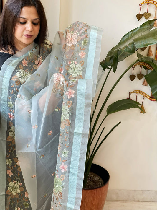Aqua Blue Organza Dupatta with Thread Embroidery - Masakalee