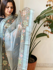 Aqua Blue Organza Dupatta with Thread Embroidery - Masakalee