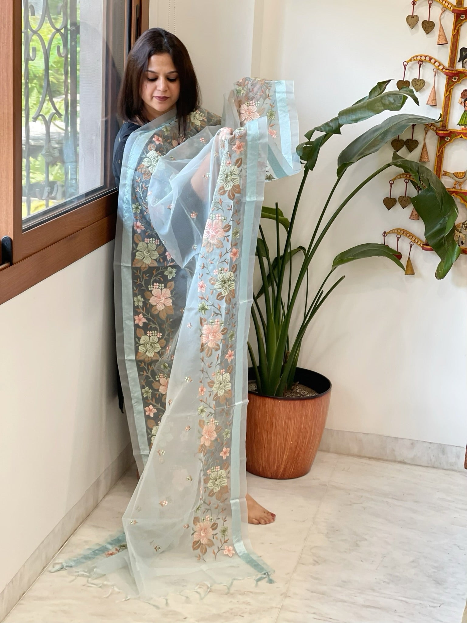 Aqua Blue Organza Dupatta with Thread Embroidery - Masakalee