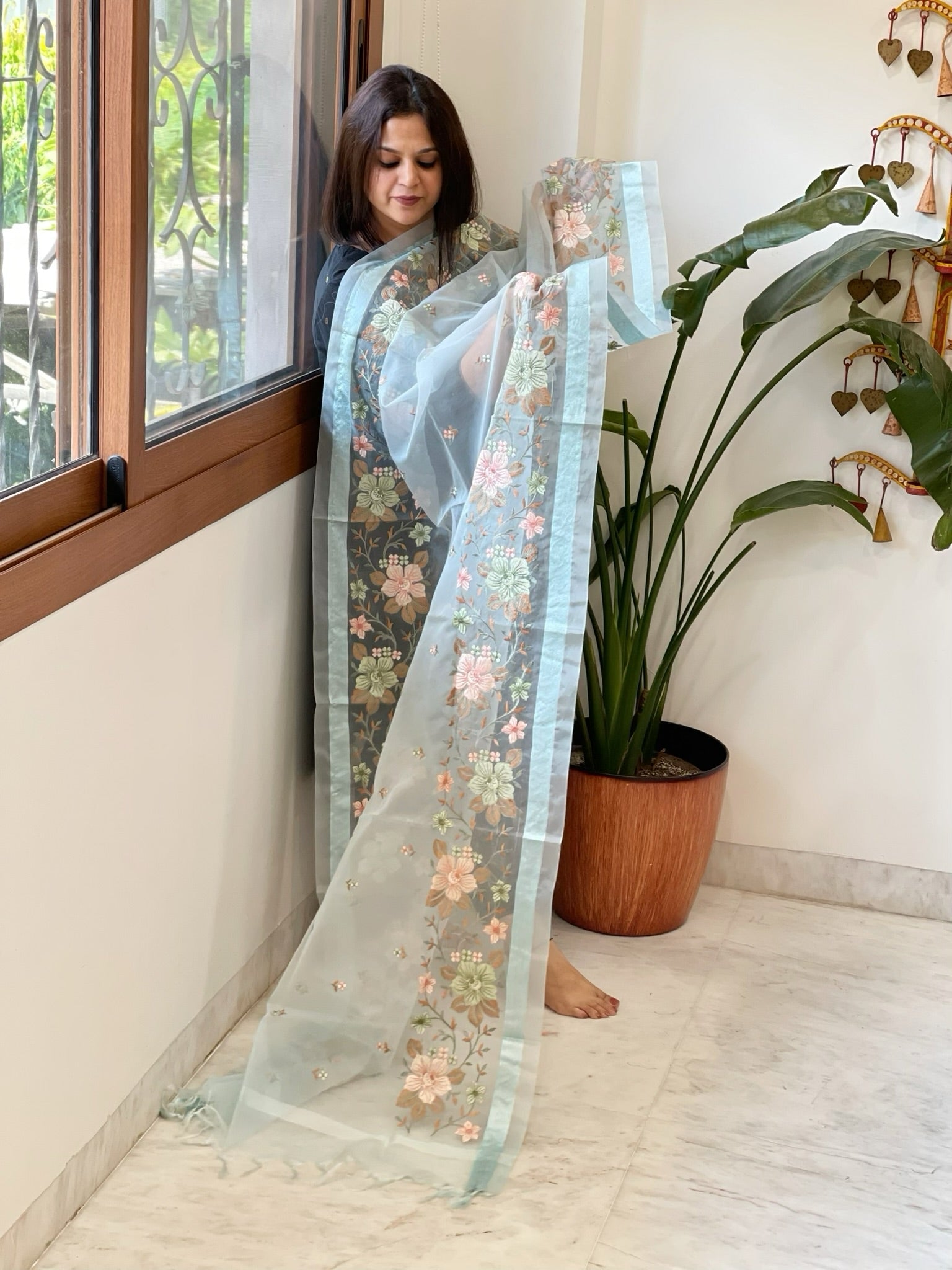Aqua Blue Organza Dupatta with Thread Embroidery - Masakalee