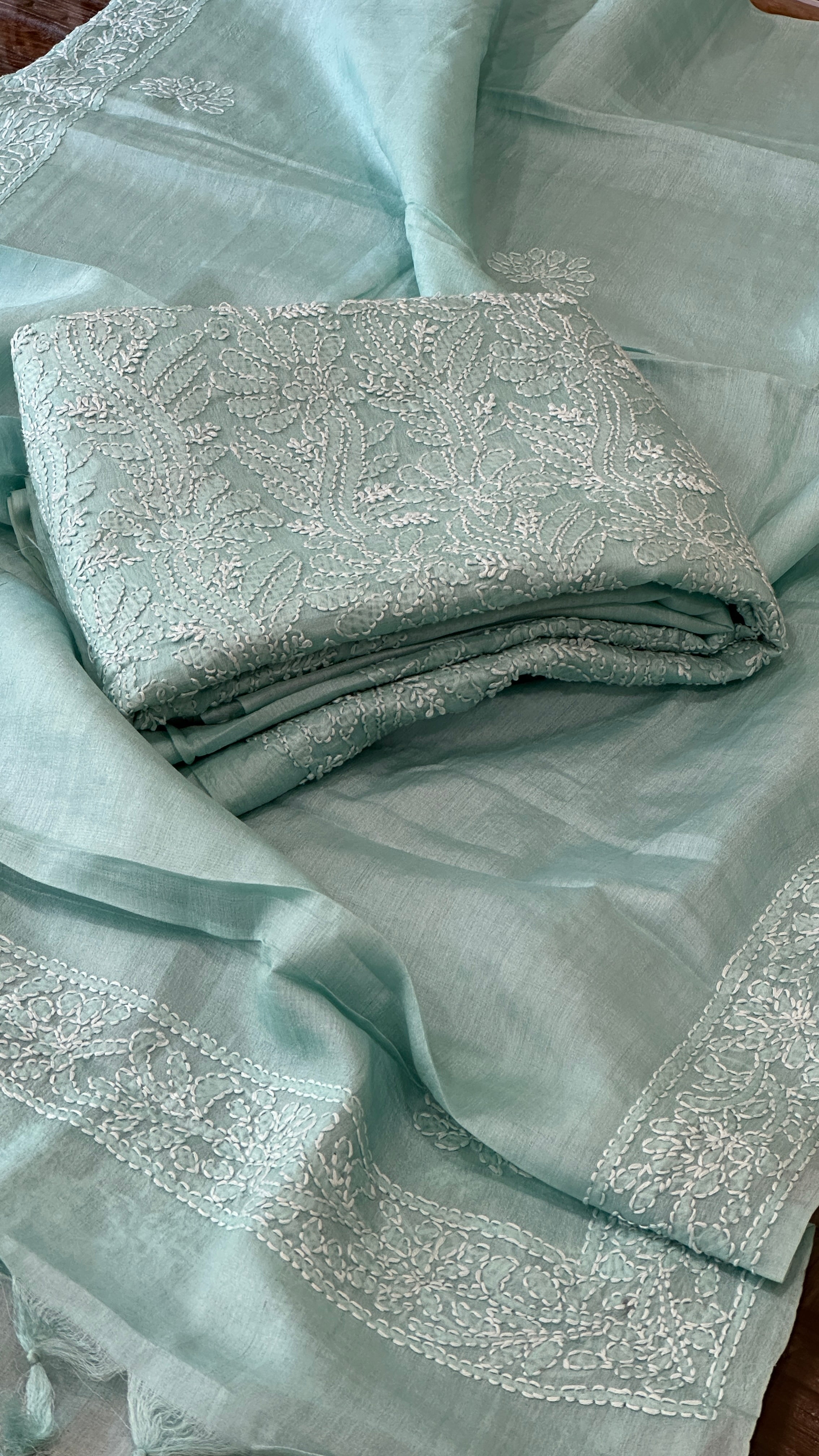 Aqua Blue Suit Set with Lucknowi Handwork in Pure Tussar Silk - Masakalee