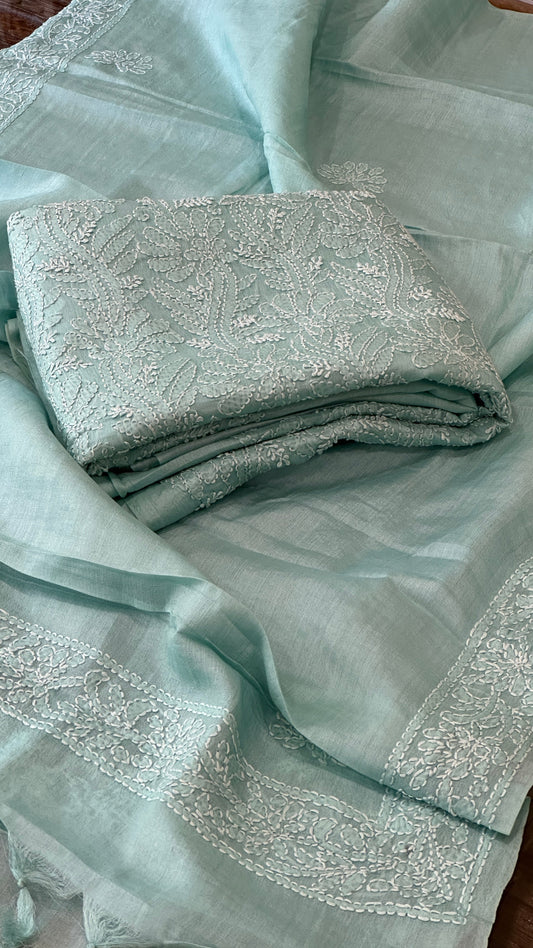 Aqua Blue Suit Set with Lucknowi Handwork in Pure Tussar Silk - Masakalee