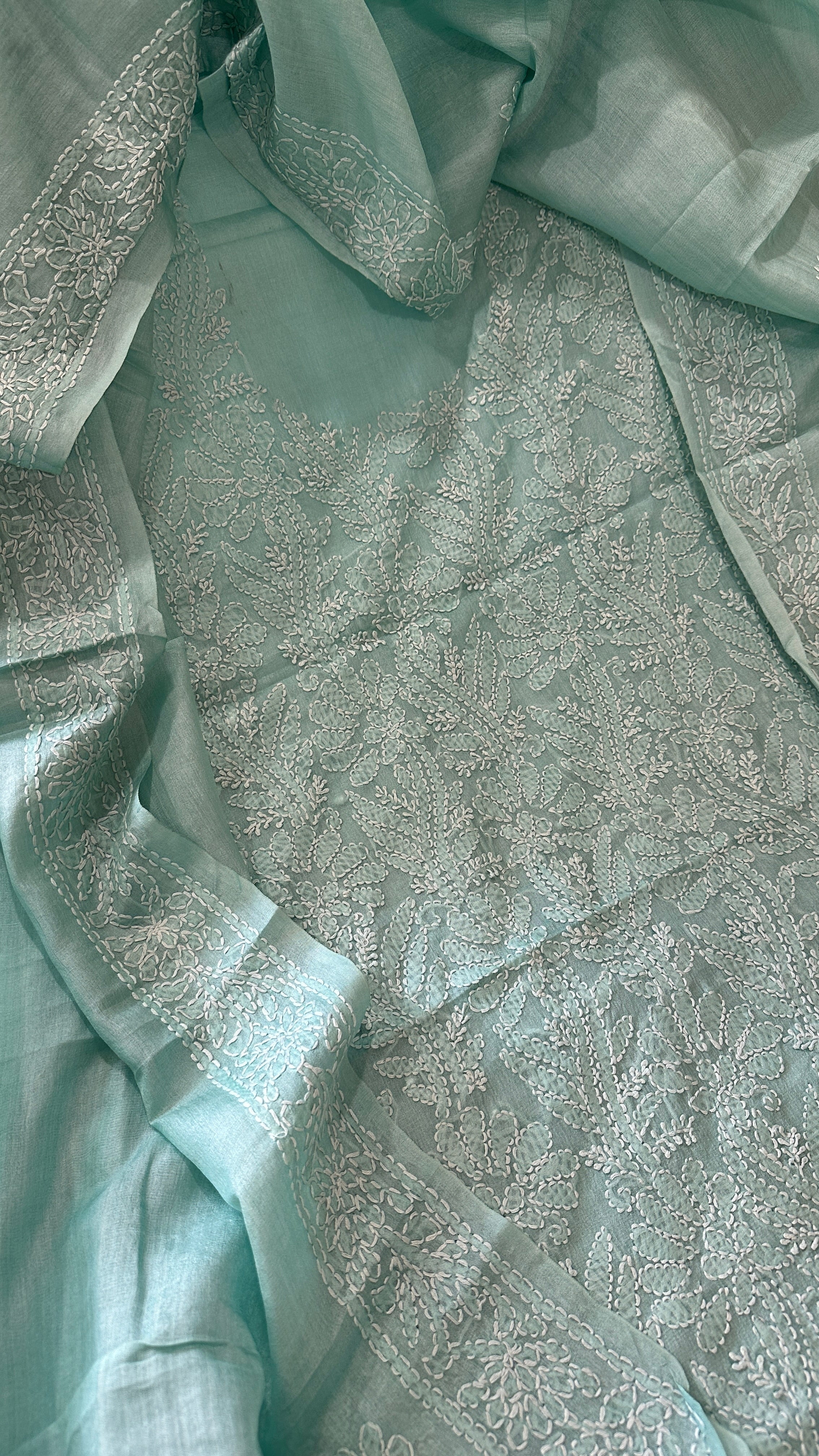 Aqua Blue Suit Set with Lucknowi Handwork in Pure Tussar Silk - Masakalee