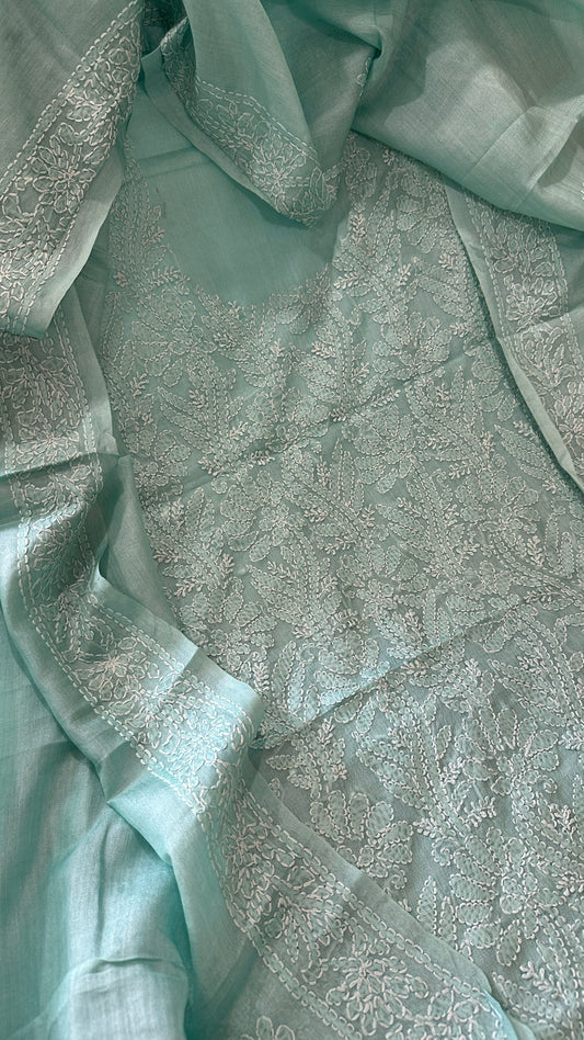 Aqua Blue Suit Set with Lucknowi Handwork in Pure Tussar Silk - Masakalee