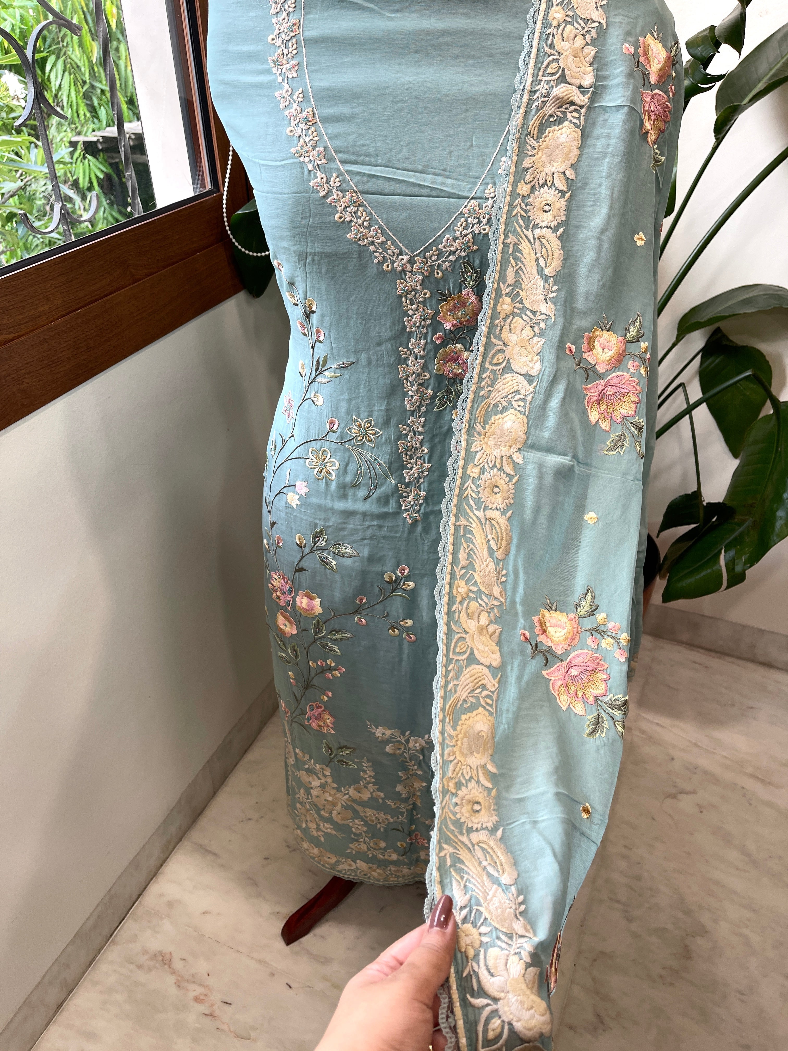 Aqua Blue Suit Set with Parsi Gara Embroidery in Mul Chanderi - Masakalee