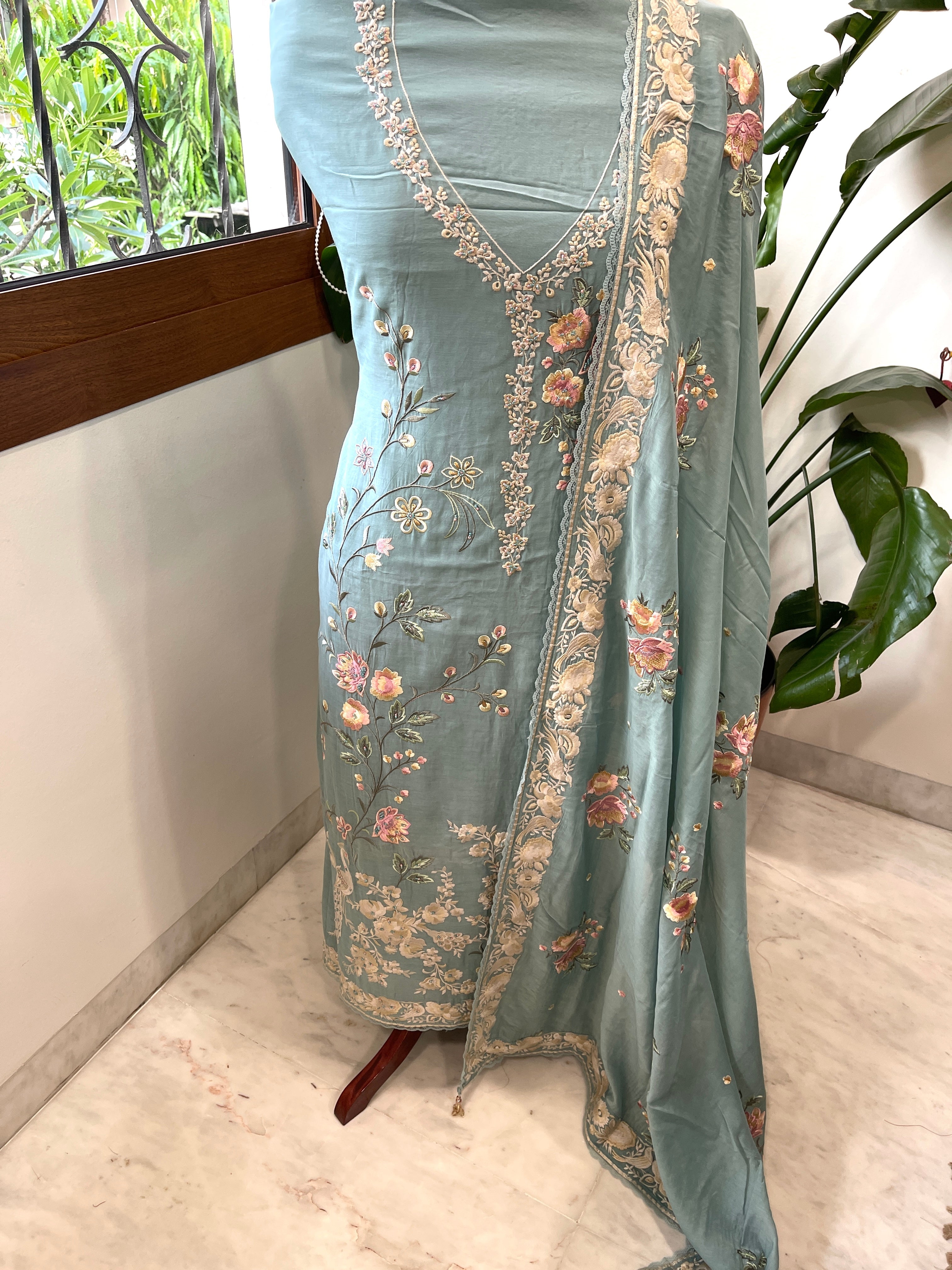 Aqua Blue Suit Set with Parsi Gara Embroidery in Mul Chanderi - Masakalee