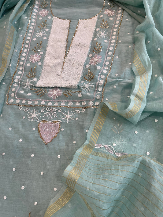 Aqua Blue Suit Set with Pearl, Cut Daana and Mukaish Handwork in Pure Mul Chanderi - Masakalee