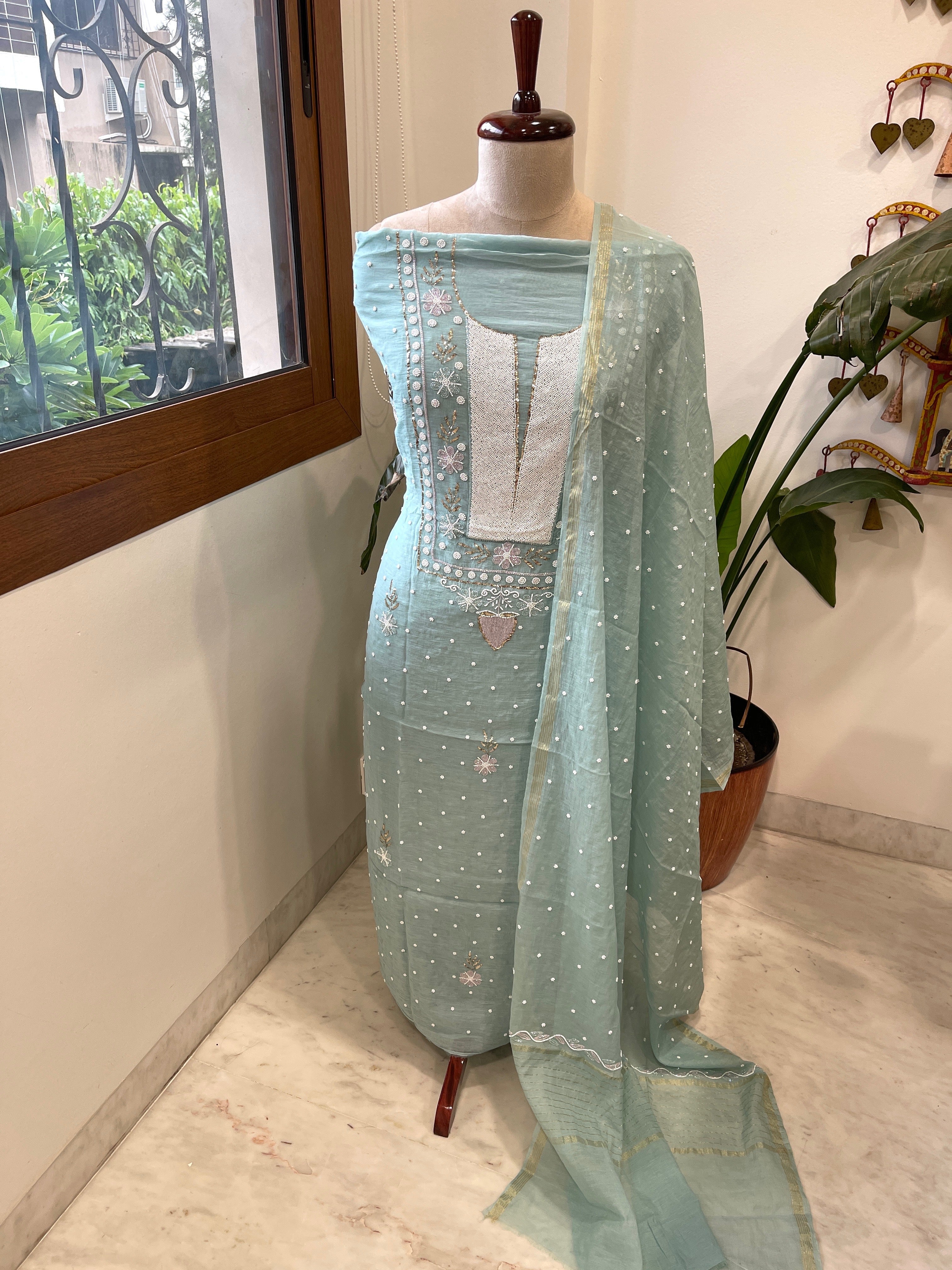 Aqua Blue Suit Set with Pearl, Cut Daana and Mukaish Handwork in Pure Mul Chanderi - Masakalee