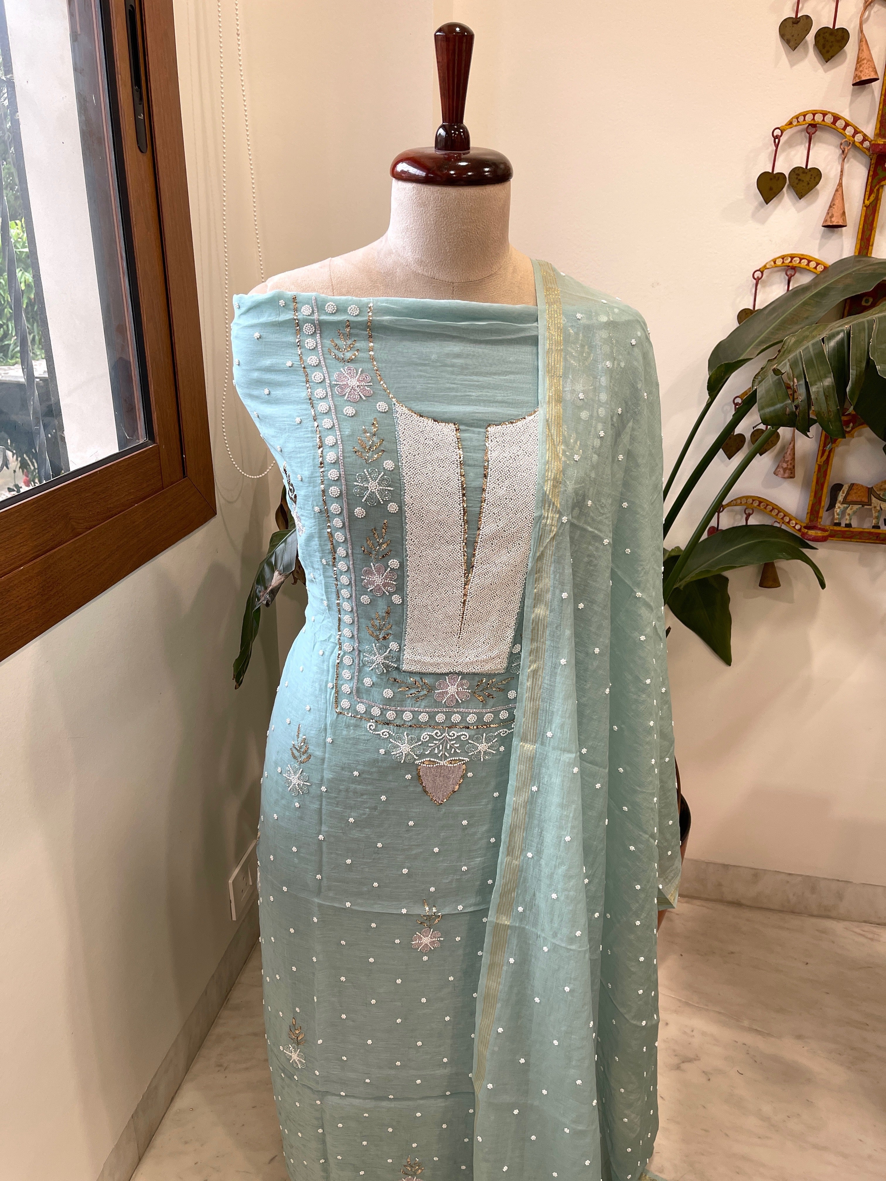 Aqua Blue Suit Set with Pearl, Cut Daana and Mukaish Handwork in Pure Mul Chanderi - Masakalee