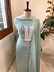 Aqua Blue Suit Set with Pearl, Cut Daana and Mukaish Handwork in Pure Mul Chanderi - Masakalee